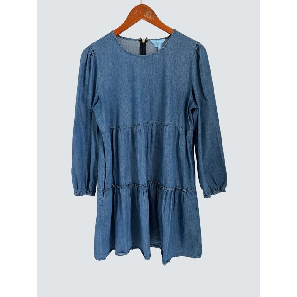Draper James Blue Denim Tiered Long Sleeve Dress S 100% Cotton